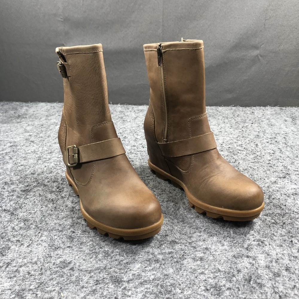 Sorel Joan of Arctic Wedge Boots Womens 9 Brown Leather Buckle Zip LL3991-251